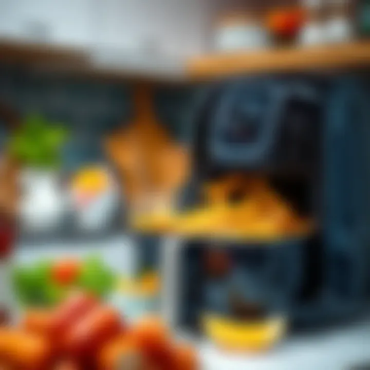 A kitchen scene featuring an air fryer in action