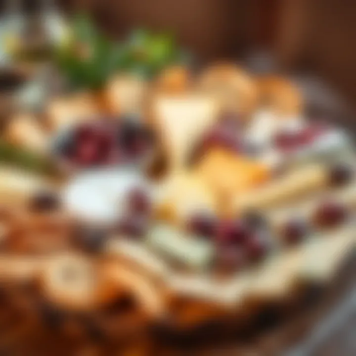 An assortment of cheeses, olives, and fresh bread arranged elegantly on a platter