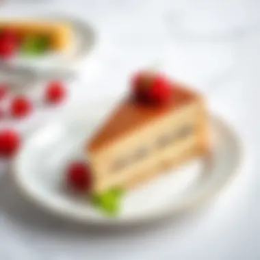 An elegant slice of cake on a delicate plate with a garnish