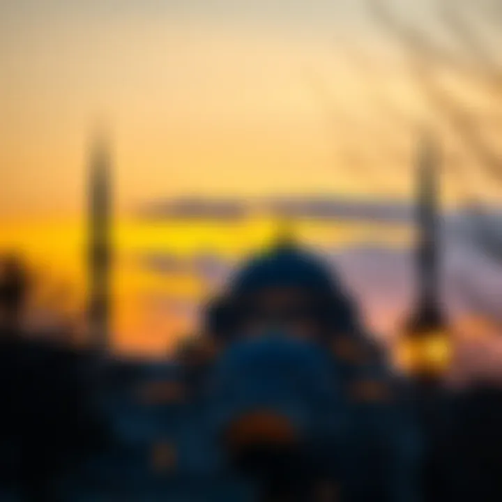 An elegant mosque silhouette against the sunset