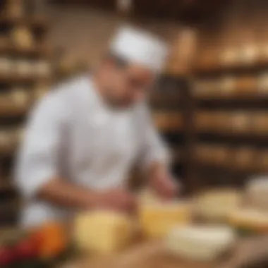 An artisan cheesemaker inspecting Tulum cheese in a traditional setting.