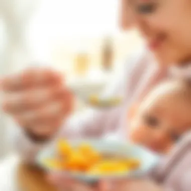 A mother gently feeding her baby with a spoon