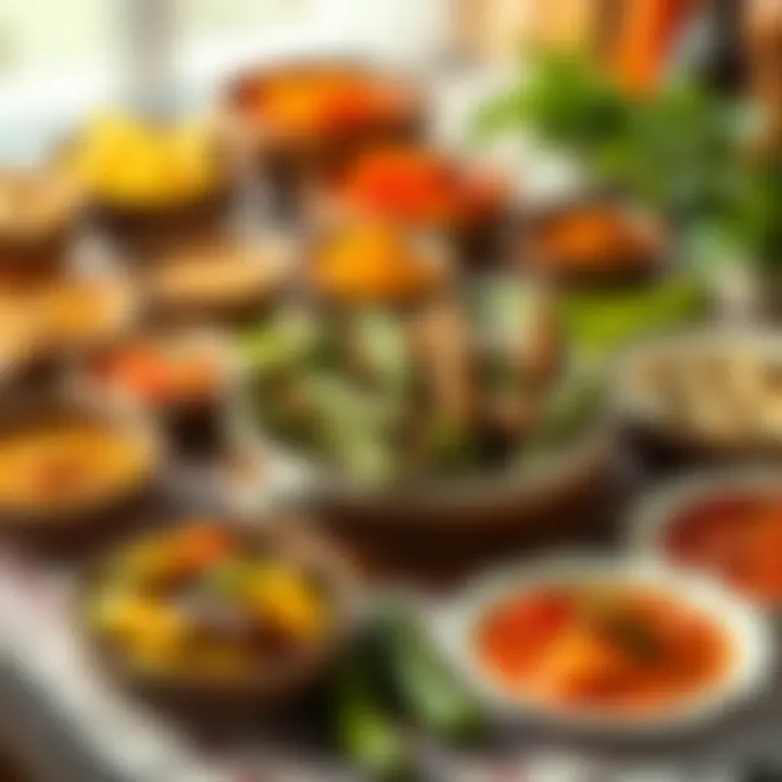 A traditional table setting showcasing various dishes featuring pepper pickles