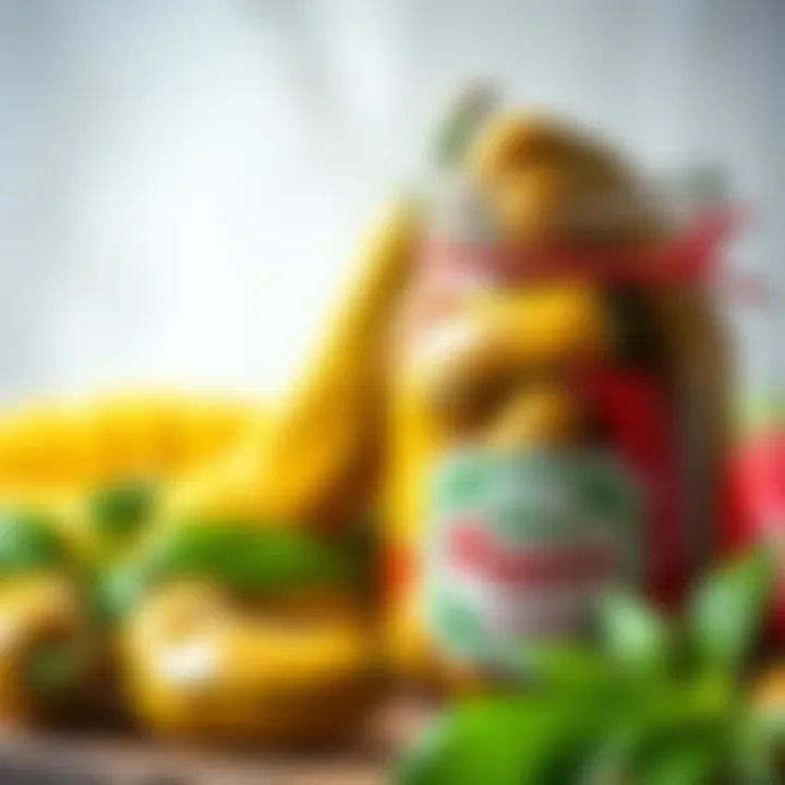 A close-up of freshly prepared pepper pickles in a decorative jar