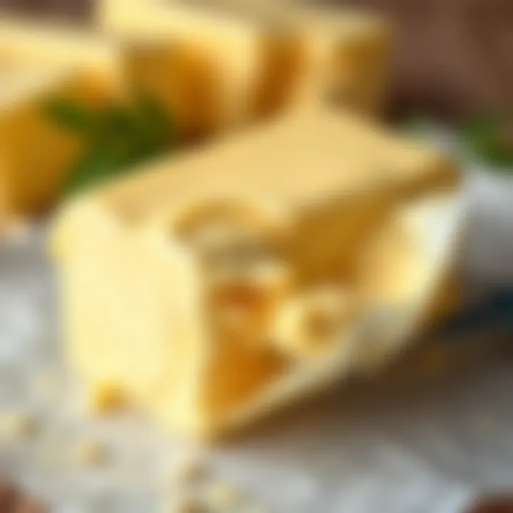 The rich texture of butter, highlighting its creamy consistency.