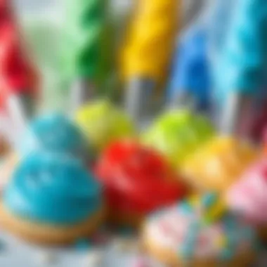 An artistic arrangement of colorful icing in various piping bags