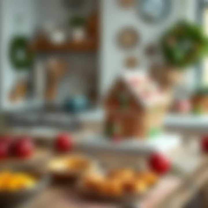 A cozy kitchen scene with a decorated gingerbread house on display