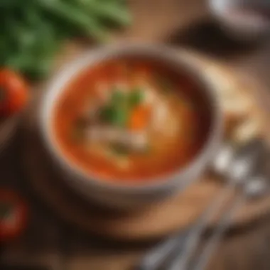 A bowl of steaming diet soup on a wooden table