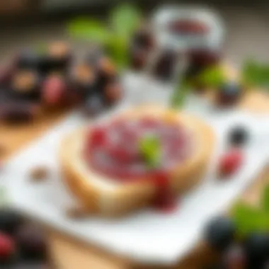 Mulberry Molasses Spread on Bread A vibrant spread of mulberry molasses on a slice of bread, illustrating its culinary use