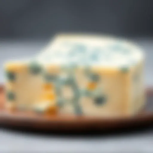 A close-up of Ekici blue mold cheese showcasing its unique blue veins and texture