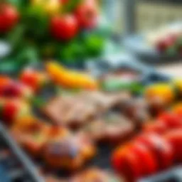 Sizzling electric barbecue with a variety of meats and vegetables.