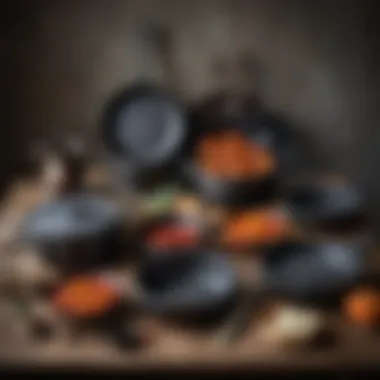 An array of cast iron cookware displayed in a kitchen setting.