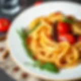 A beautifully arranged plate of pasta with herbs and spices