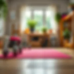 A home workout setup with weights and yoga mat