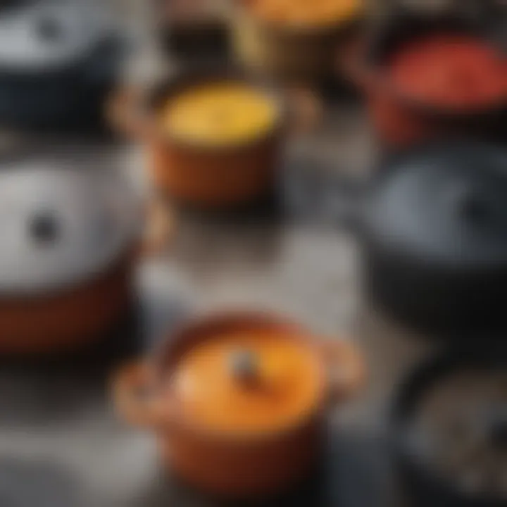 Various brands of cast iron pots arranged aesthetically to compare features.