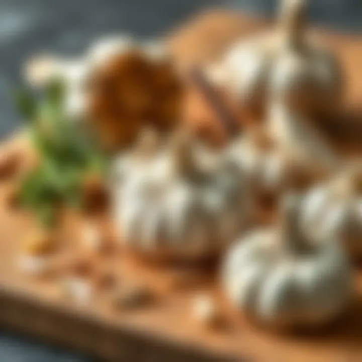 Garlic scattered on a wooden cutting board, emphasizing its raw form.