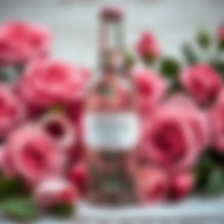 Elegant bottle of rose water surrounded by fresh roses