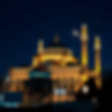 Mosque illuminated at night during Ramadan