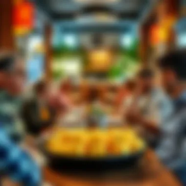 Enjoying Semolina Halva in a Cozy Restaurant A cozy restaurant setting with patrons enjoying semolina halva