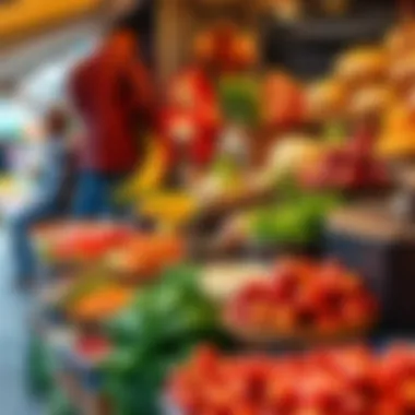 A vibrant market scene showcasing fresh ingredients for iftar preparations