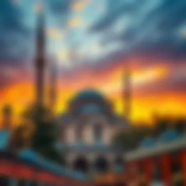 A picturesque view of a historic mosque during the sunset, symbolizing iftar time