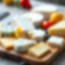 A variety of low-calorie cheeses displayed elegantly on a wooden board