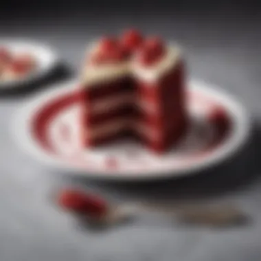 An elegant slice of red velvet cake on a fine porcelain plate with a fork beside it.