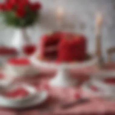 A lavishly styled table setting featuring red velvet cake along with other desserts and decorations.