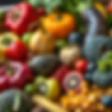 Fruits and Vegetables Packed with Fiber An artistic arrangement of fruits and vegetables highlighting their fibrous textures.