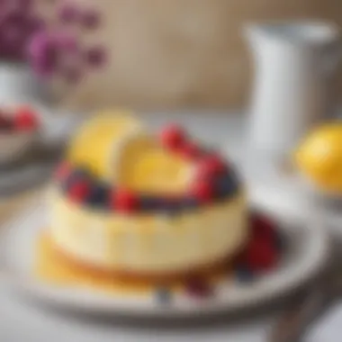 A beautifully plated lemon cream cake served with a side of fresh berries