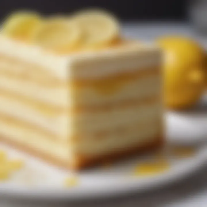 Close-up of a slice of lemon cream cake showcasing its creamy texture