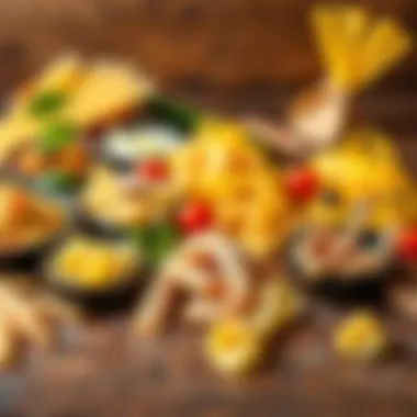 Diverse Pasta Varieties A tantalizing display of various pasta types arranged artistically on a wooden table.