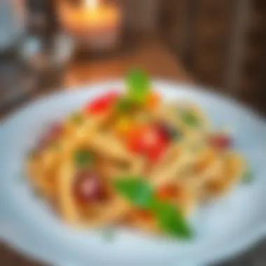 Elegant Plated Pasta Dish A beautifully plated pasta dish garnished with fresh herbs and vibrant vegetables.
