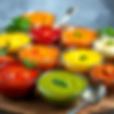 Colorful Sauce Assortment for Pasta An assortment of sauces in small bowls, showcasing vibrant colors and textures perfect for pasta.