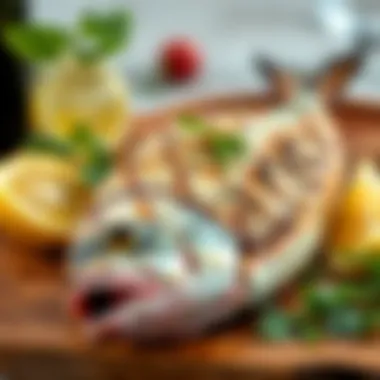 Grilled mezgit fish garnished with lemon and herbs