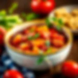 A beautiful bowl of goulash garnished with fresh herbs