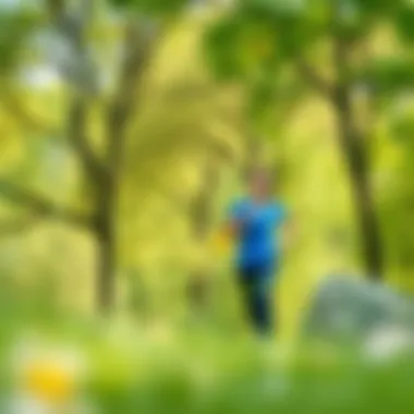 A tranquil scene featuring a person engaging in outdoor physical activity surrounded by nature