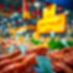 A vibrant seafood market showcasing fresh lobster on display