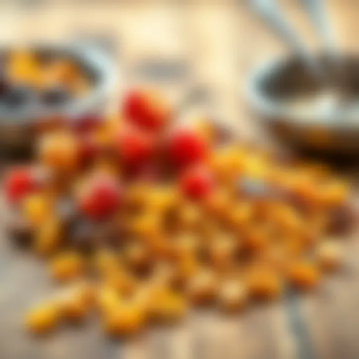 An assortment of dried fruits including yellow raisins on a wooden table