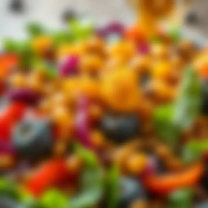 Yellow raisins being added to a colorful salad for added flavor