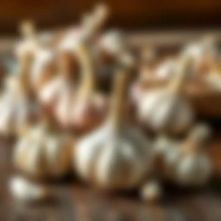 Garlic bulbs displayed elegantly on a wooden table