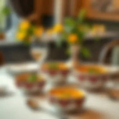 A table elegantly set with bowls of vegetable soup, inviting and appetizing.