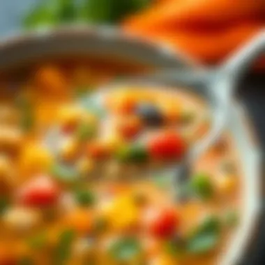 A close-up of a spoonful of nutritious vegetable soup, emphasizing its rich texture.