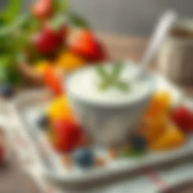 A picturesque scene of Sok Yogurt served with fresh fruits and herbs