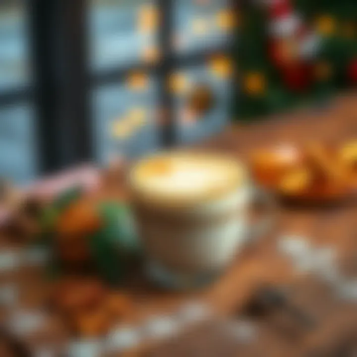 Elegant setup of spiced latte on a wooden table with festive decor