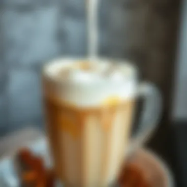 Close-up of freshly brewed spiced latte topped with frothy milk