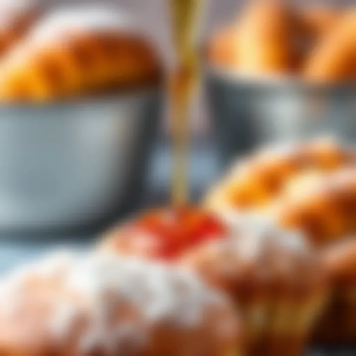 Close-up of syrup drizzling over sweet pastries