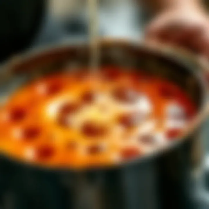 A close-up of the cooking process, highlighting the rich consistency of the dessert.