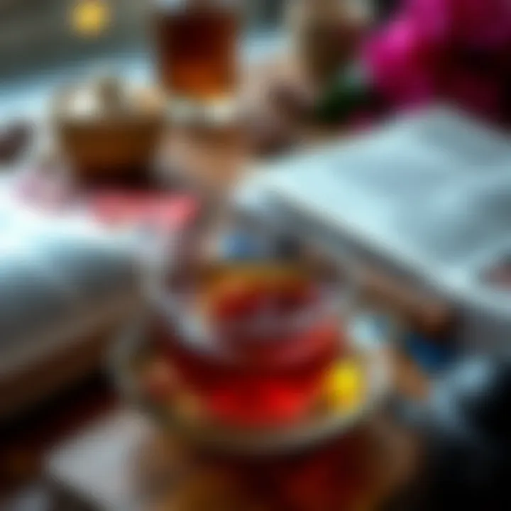 Close-up of a steaming cup of tea with a book nearby