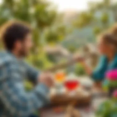 A beautiful landscape with friends enjoying tea outdoors